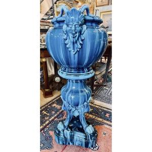 Jérôme Massier Blue Ceramic Column Planter Satyr Heads And Lion Paws 100 Cm