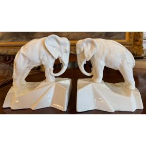 Pair Of Art Deco Elephant Bookends In Royal Dux Porcelain Circa 1930