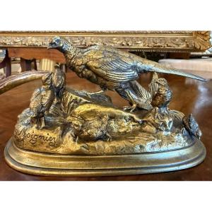 Jules Moigniez Small Gilded Bronze Sculpture Of A Pheasant Hen With Her Young 19th Century