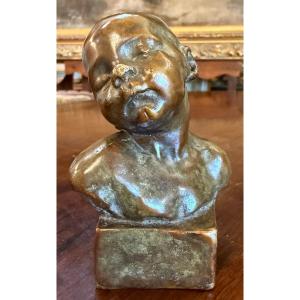 Small Bronze Sculpture Bust Of A Sleeping Baby By Aimé-jules Dalou Circa 1872