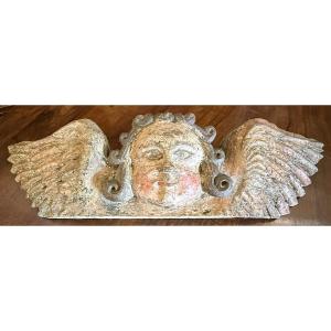 Carving Of A Winged Angel Cherub In Polychrome Oak From The 18th Century