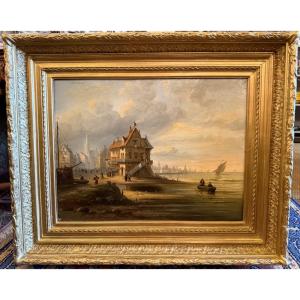 Large Painting From The Norman School, Marine Of A Busy Coastal Town, Early 19th Century.