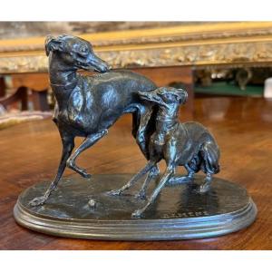P.j.mêne Bronze Sculpture Of Greyhounds Jiji And Giselle à La Balle 19th Century