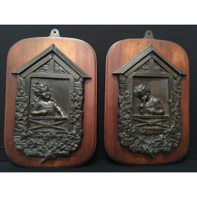 Pair Of Bronze Panels Children At The Windows XIXth Century