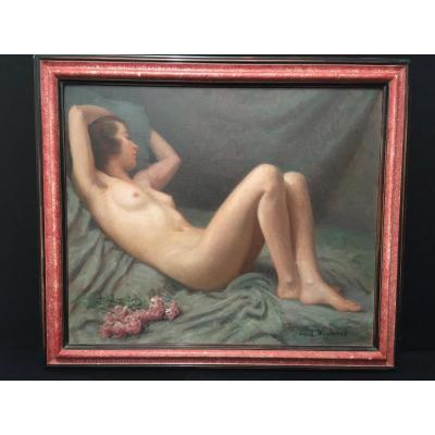 Lying Nude Painting With Bouquet By J Weisman