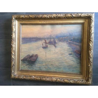 Large Watercolor The Thames In London By Guinier Nineteenth