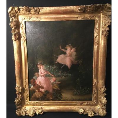 French School XIXth Romantic Scene In An 18th Century Golden Wood Frame