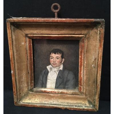 Miniature On Ivory Man In White Vest Restauration Period 19th Century