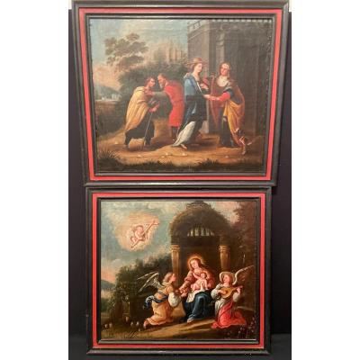 Italian School Pair Of Religious  Paintings Scenes Of The Virgin Life 18th Century