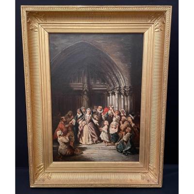 Painting Christian Charity In Front Of A  Church Nineteenth Century