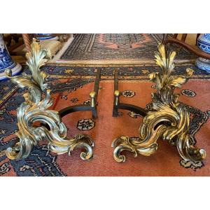 Important Pair Of Bronze Andirons Louis XV Style Rocaille Nineteenth Century