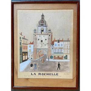 Watercolor La Grosse Horloge In La Rochelle By Gilbert Pajot