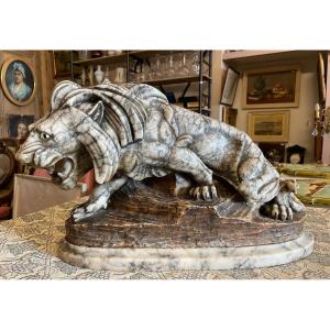 Roaring Lion Alabaster Sculpture 45 Cm By Thomas Cartier Early Twentieth Century