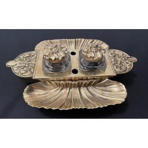 Bronze And Crystal Inkwell Around 1830