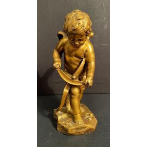 Small Gilt Bronze Statue Love Carving His Bow After Duquesnoy Fonte Thiébault