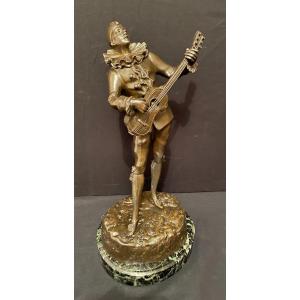 Pierrot Bronze Statue With Mandoline By Louis Mascré Circa 1900