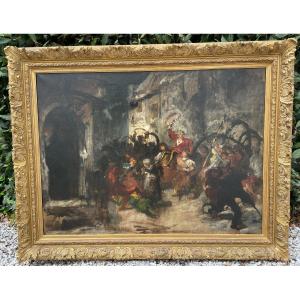 Very Large Street Carnival Painting Troubadour Style 140 X 110 Cm XIXth Century