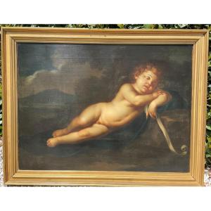 Large Sleeping Love Painting With Ribbon After Pierre Mignard Early XIXth 104 X 77 Cm