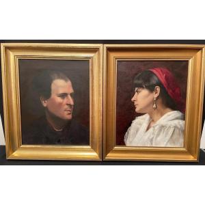 Pair Of Portraits Of A Couple Of Italian School Of The Nineteenth