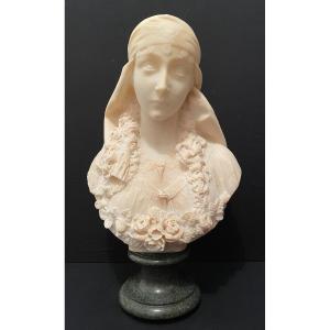 The Rose Of Sharon Alabaster Woman Bust Italy XIXth 60 Cm