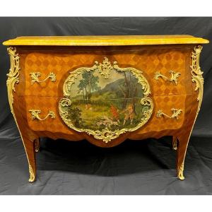 Louis XV Style Curved Commode In Inlaid Veneer Wood