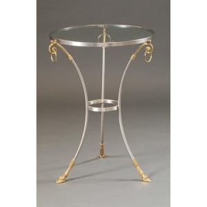 Jansen-style Brass And Steel Side Table With Glass Top