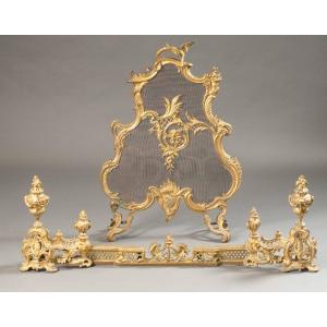 Fireplace Screen And Its Gilt Bronze Barrier – Louis XV Style, Late 19th Century