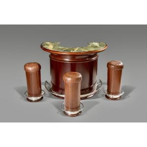 Semi-circular Bar With Marble Top And Three Art Deco Style Stools. 