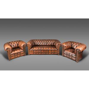 Chesterfield Brown Leather Set – Sofa And Pair Of Armchairs – England,
