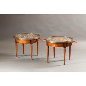 Pair Of Round Louis XVI Style Bouillotte Tables – Mahogany, Marble And Brass Gallery