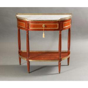 Louis XVI Style Mahogany And Marble Half-moon Console Table With Brass Gallery – Signed Maison Gauffe