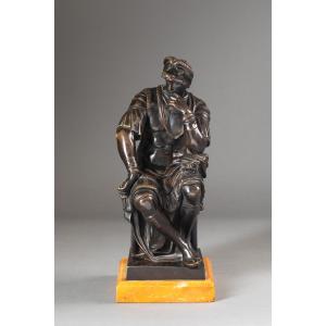 Bronze After Michelangelo – Meditative Renaissance Figure, Brown Patina, Marble Base – H. 30 