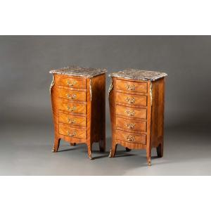 Pair Of Louis XV Style Curved Bedside Tables In Marquetry, Marble Top And Gilded Bronzes - 20th Century