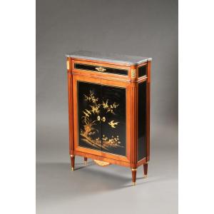 Elegant Louis XVI Style Japonisant Sideboard, Black Lacquer And Gold Décor, Marble Top