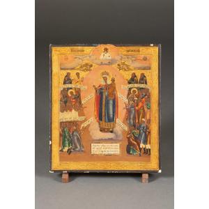 19th Century Russian Icon - Virgin And Child In Glory Surrounded By Faithful,