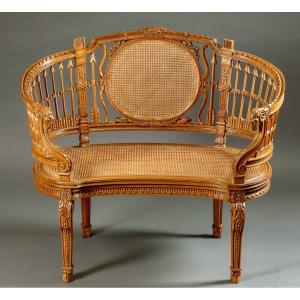 Carved Wood Bench With Ram's Head, Louis XVI Style, Caning, End Of 19th Century