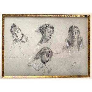 Alexander Bida. XIXth Charcoal Drawing On Paper. “ Character Studies For Hamlet”.