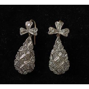 XIXth Earrings. Gold, Silver And Rhinestones. Clover Leaf.