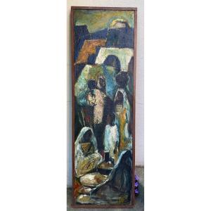 “market Scene”. Mid-20th Century Africanist Orientalist Painting. Oil On Panel