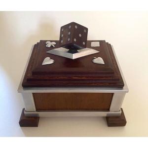 Art Deco Box For Playing Cards. Wood And Chromed Metal. Dice. Game. 
