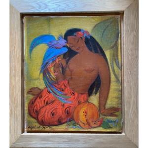 “polynesian Woman With  Blue Bird Of Paradise”. Oil On Canvas. Louise Galand-legendre.