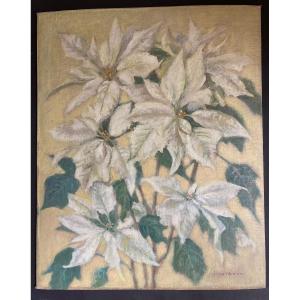 “the White Poinsettias Or Christmas Stars”. Joan Nuding. Middle 20th Century English School.