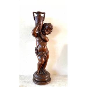 19th Century Wooden Sculpture. Child Carrying An Amphora.