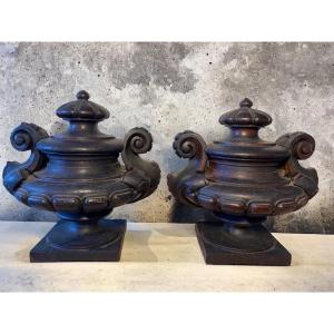 Pair Of Cassolettes In Carved Wood. 19th Century.