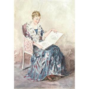 " Young Woman Reading ". 19th Century Watercolor.