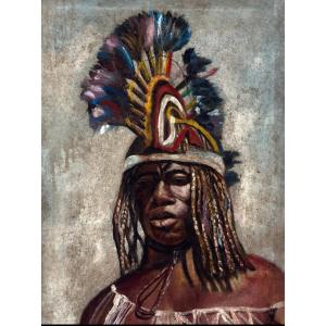 “ Portrait Of An African Warrior”. Oil On Canvas Mid 20th Century. Mr. Charles. 