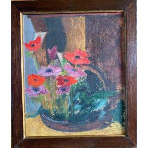 Raymonde Pagegie. “the Anemones”. Painting. Framed Oil On Canvas Mid 20th Century. 