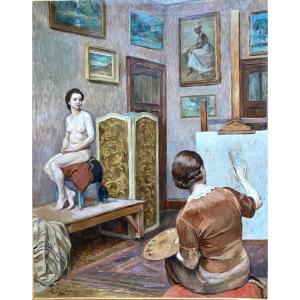Maurice Jean Lefebvre. “ The Painter’s Workshop”. Oil On Canvas Early 20th Century.