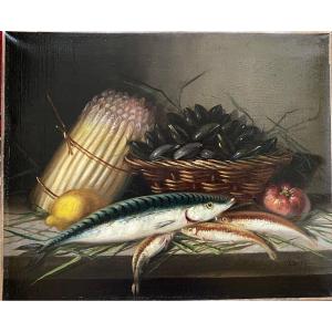 Lair. “. Still Life. Asparagus, Mussels And Fish”.  Framed Oil On Canvas 19th Century. 