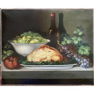 Lair. “. Framed 19th Century Still Life. Poultry, Salad And Grapes”. 